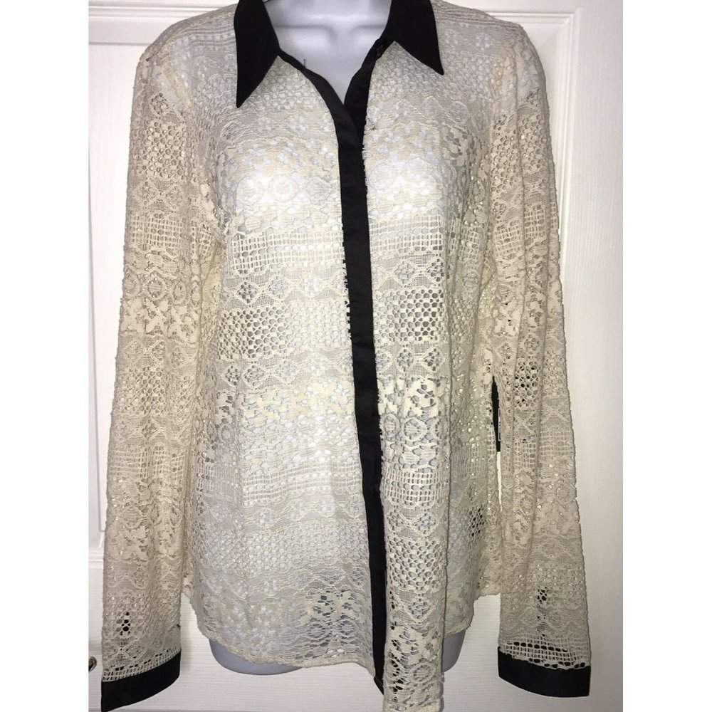 NWT Love Stitch Sz MEDIUM Lace Blouse Long sleeve Black Satin Trim